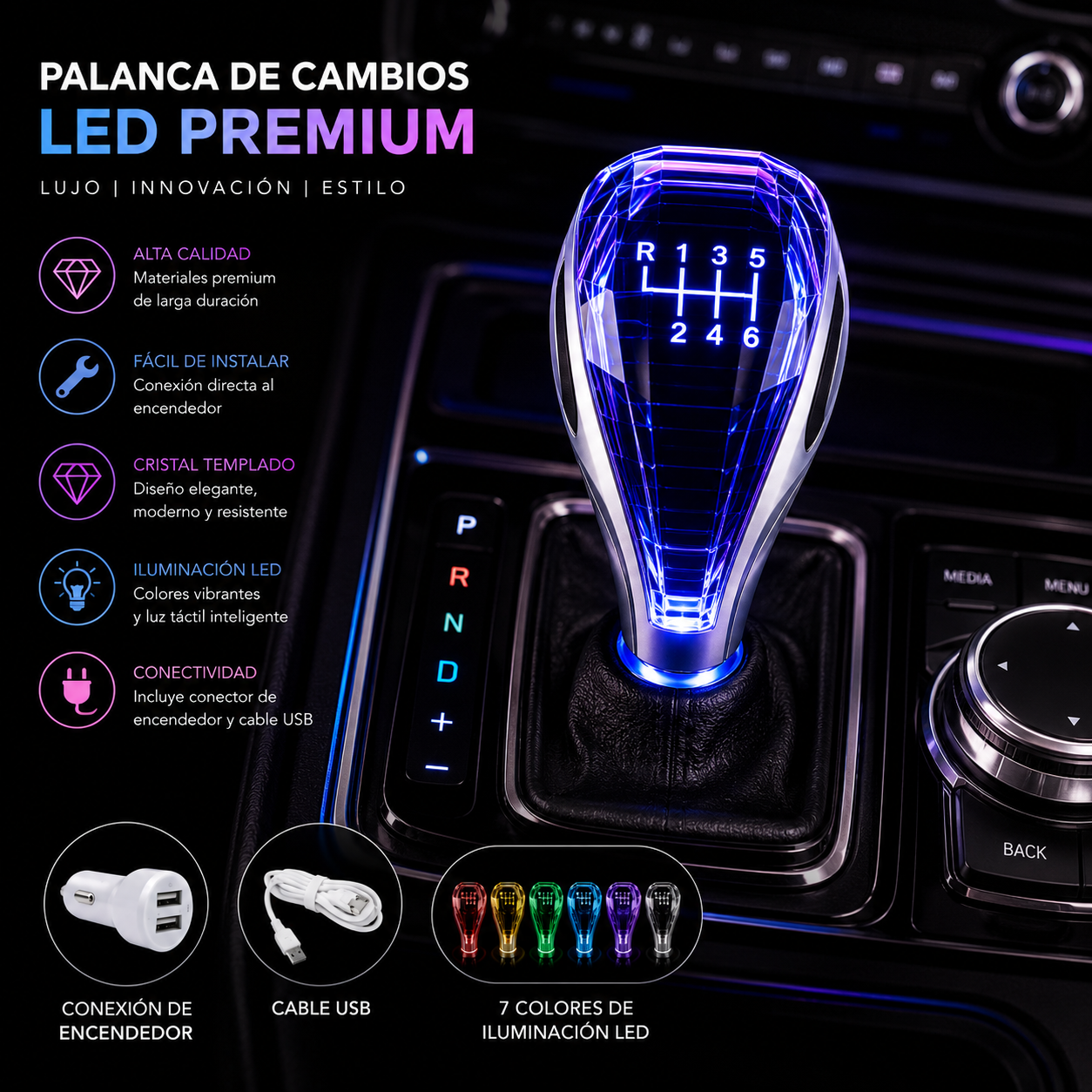 🌟 PALANCA DE CAMBIOS LED PREMIUM 🔴🟠🟡🟢🔵🟣